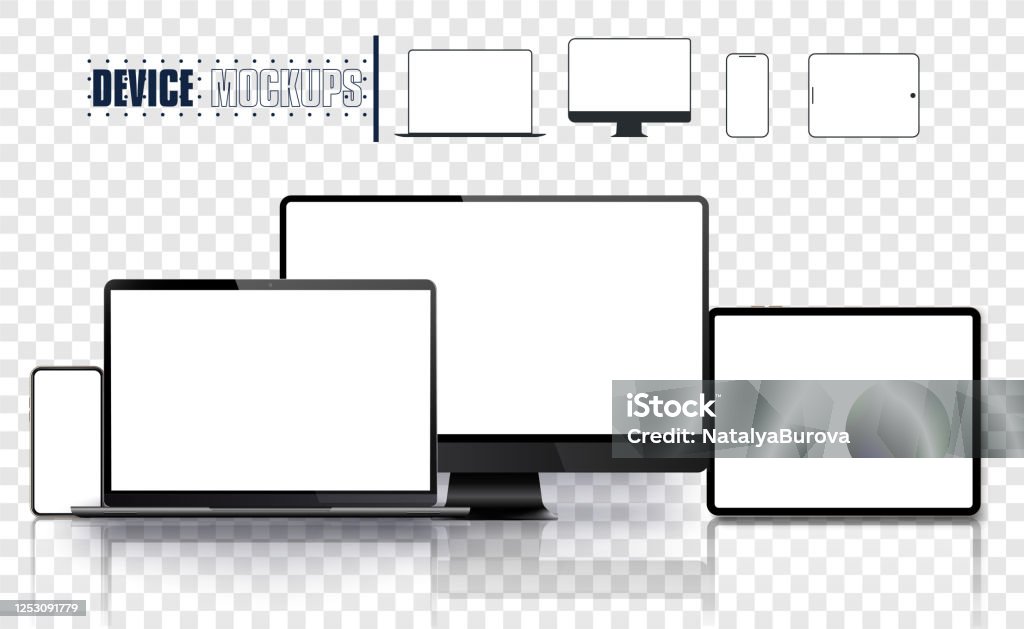 Realistic device set: pc, monitor laptop, tablet and phone template. Electronic and devices related line icon set. Vector illustration Realistic device set: pc, monitor laptop, tablet and phone template. Template stock vector