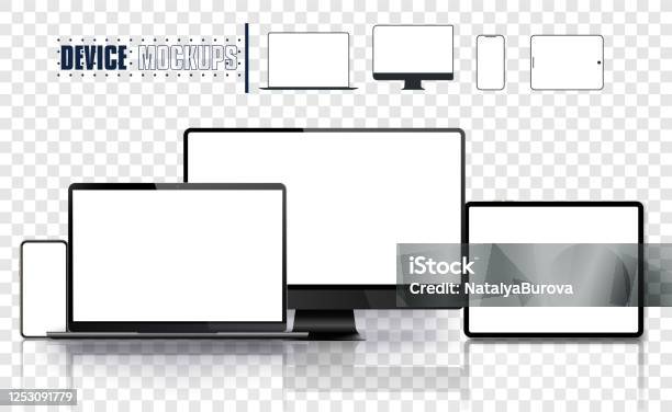 Realistic Device Set Pc Monitor Laptop Tablet And Phone Template Electronic And Devices Related Line Icon Set Vector Illustration Stock Illustration - Download Image Now
