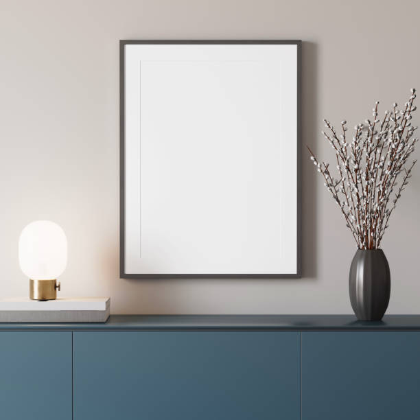 istock 3d render of a modern mockup interior with wooden frame on blue sideboard 1253091833