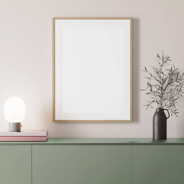 istock 3d render of a modern mockup interior with wooden frame on an empty wall and a green sideboard 1253091834