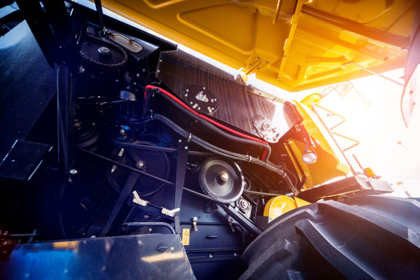 istock Harvester engine. Gear chains and new modern mechanisms. 1253094378
