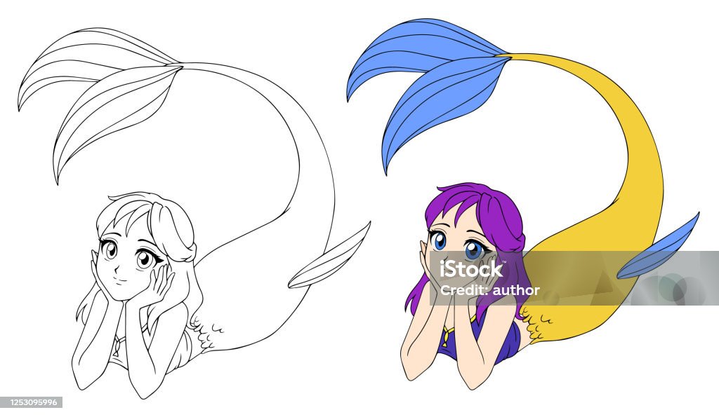  Ilustración de Bonito Anime Mintiendo Sirena Pelo Púrpura Y Cola De Pez Amarillo y más Vectores Libres de Derechos de Agua