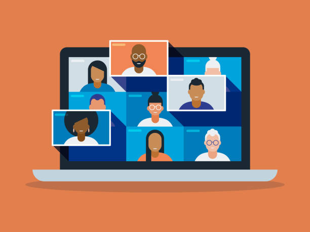 Illustration of a diverse group of friends or colleagues in a video conference on laptop computer screen Modern flat vector illustration appropriate for a variety of uses including articles and blog posts. Vector artwork is easy to colorize, manipulate, and scales to any size. working at home illustrations stock illustrations