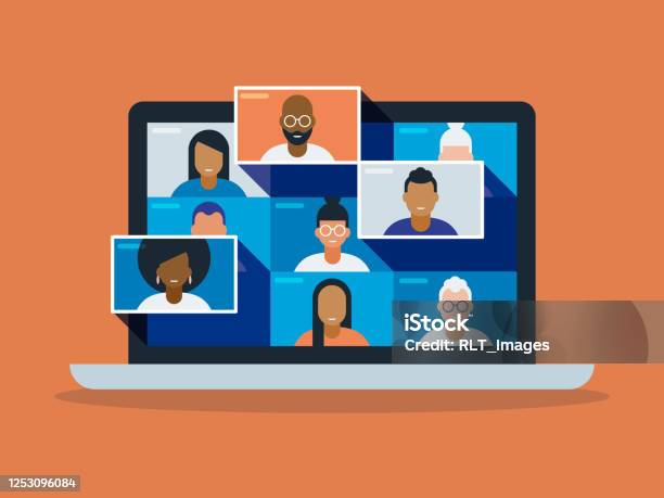 Illustration Of A Diverse Group Of Friends Or Colleagues In A Video Conference On Laptop Computer Screen Stock Illustration - Download Image Now