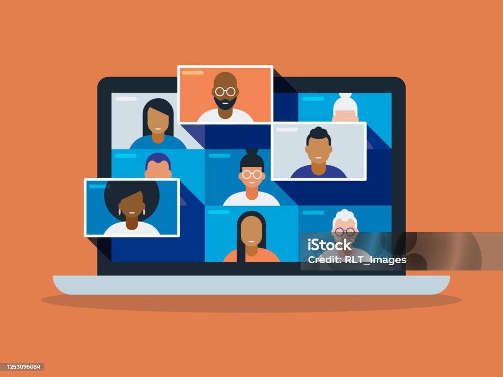 Minh họa một nhóm bạn bè hoặc đồng nghiệp đa dạng trong một hội nghị video trên màn hình máy tính xách tay - Trả phí Bản quyền Một lần Hội nghị web vectơ sẵn có