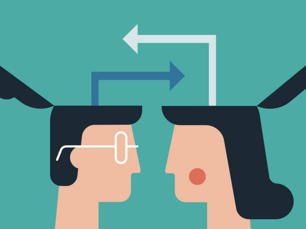 Illustration of heads exchanging ideas with open minds Modern flat vector illustration appropriate for a variety of uses including articles and blog posts. Vector artwork is easy to colorize, manipulate, and scales to any size. open source clip art stock illustrations