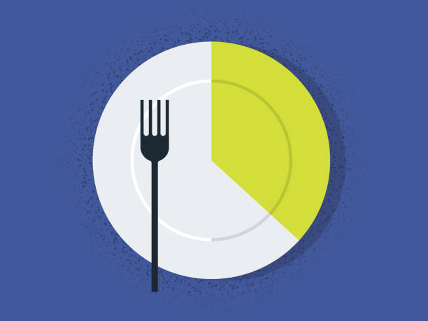 Illustration of pie chart dinner plate and fork Modern flat vector illustration appropriate for a variety of uses including articles and blog posts. Vector artwork is easy to colorize, manipulate, and scales to any size. serving size stock illustrations