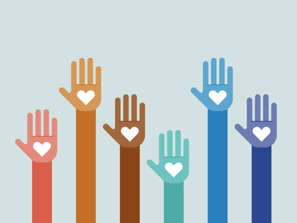 Illustration of group of multi-colored hands raised together Modern flat vector illustration appropriate for a variety of uses including articles and blog posts. Vector artwork is easy to colorize, manipulate, and scales to any size. community outreach illustrations stock illustrations