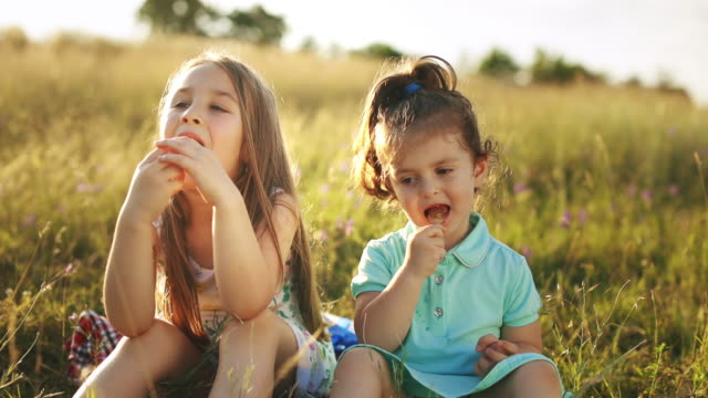 Two adorable child girl sitting on green meadow and enjoying a lollipop at sunset. Childs eating candy, sweets, sugar.Happy family relationship in the summer concept.