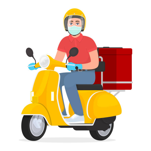 Courier or delivery man in face mask and gloves riding scooter. Young person on the moped carrying food parcel packs. Safety fast delivery service during corona virus epidemic. Vector illustration. Courier or delivery man in face mask and gloves riding scooter. Young person on the moped carrying food parcel packs. Safety fast delivery service during corona virus epidemic. Vector illustration. restaurant masks stock illustrations