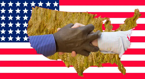 Close up photo of a handshake between afroamerican and european hands. Handshake in front of US flag. On the flag are the contours of the US mills and the wheat field.