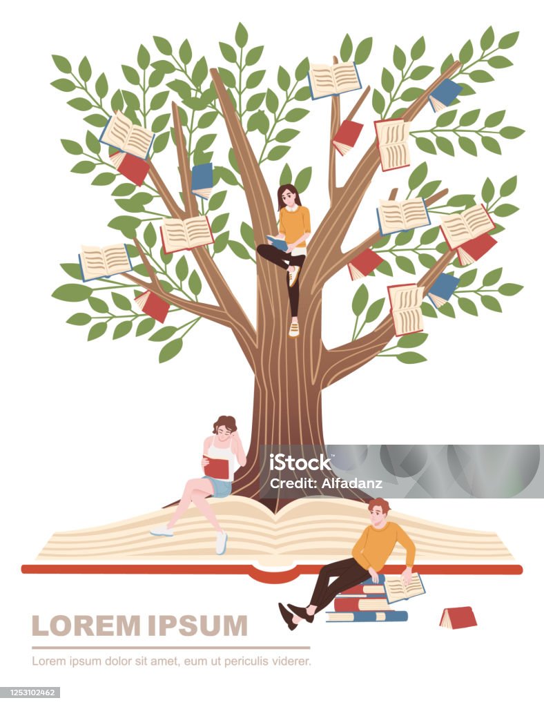 교육 개념 책 나무에 성장과 흰색 배경에 만화 캐릭터 디자인 평면 벡터 일러스트를 공부하는 사람들 나무에 대한 스톡 벡터 아트 및 기타  이미지 - Istock