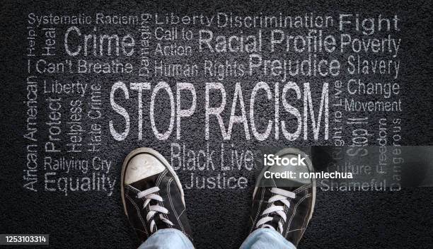 Stop Racism Word Cloud On Asphalt Concept Of Fighting Discrimination Stock Photo - Download Image Now