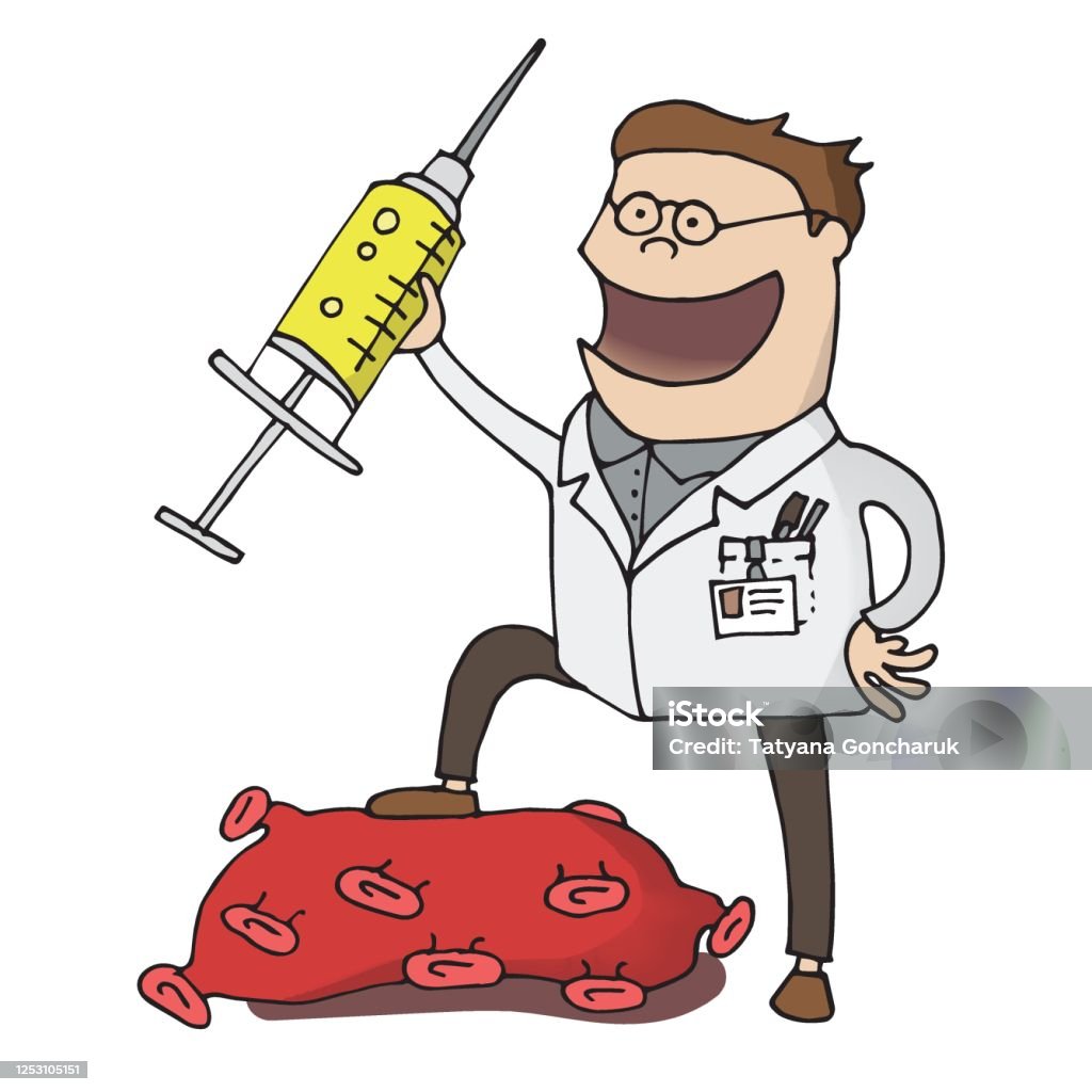 Ilustración de Ilustración Vectorial La Vacuna Contra El Coronavirus Dibuja  En Estilo De Dibujos Animados El Científico Inventó Una Vacuna La Cura Para  El Virus Victoria Sobre El Concepto De La Enfermedad
