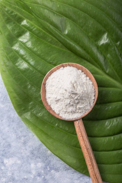istock Collagen powder over green textured leaf background with copy space. Dietary nutritional supplement 1253106270