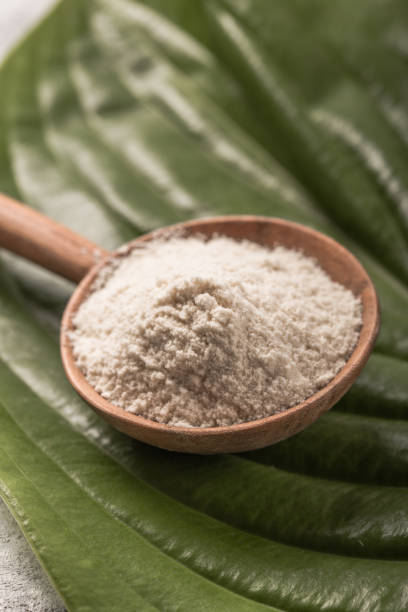 istock Collagen powder over green textured leaf background with copy space. Dietary nutritional supplement 1253106279