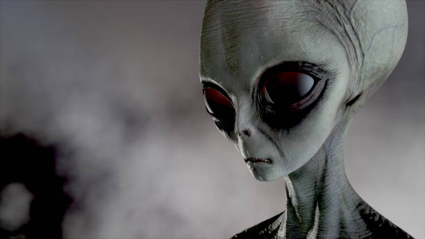 Scary gray alien stands and looks blinking on a dark smoky background. UFO futuristic concept. 3D rendering. Scary gray alien stands and looks blinking on a dark smoky background. UFO futuristic concept. 3D rendering. grey alien stock pictures, royalty-free photos & images