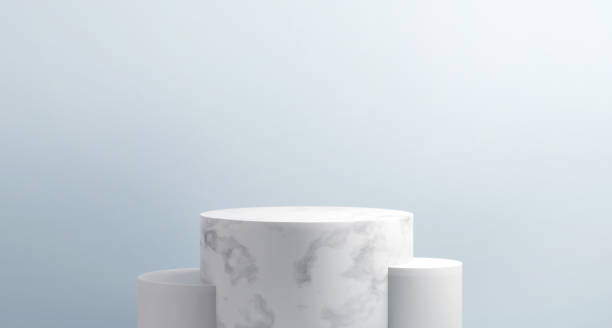istock 3d render abstract background, Mockup scene. white marble podium and blue background. 1253108539
