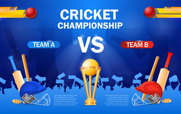 Cricket championship poster template Cricket championship poster template with gold trophy, bats and gear for Team A versus Team B on a blue background, colored vector illustration cricket team stock illustrations