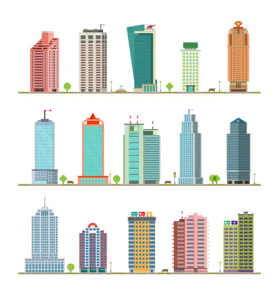 Vector illustration of Modern City Buildings and Houses. Flat Vector Icons Set.