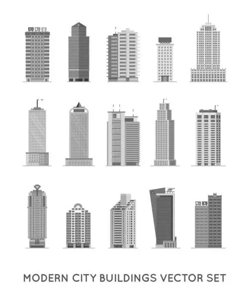 Vector illustration of Modern City Buildings and Houses. Flat Vector Icons Set.