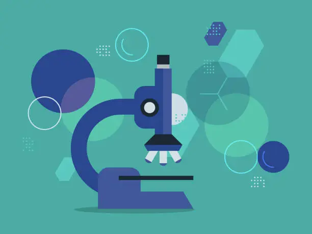 Vector illustration of Illustration of microscope with magnified cell pattern background—scientific and medical research