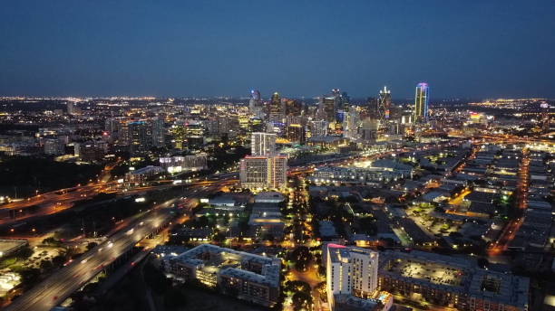 istock Dallas Skyline at Night Aerial Perspective 1253116547