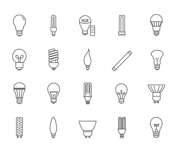 kolekcja czarno-białej lampy lub ikon kuli ziemskiej - fluorescent light light bulb lighting equipment lamp stock illustrations