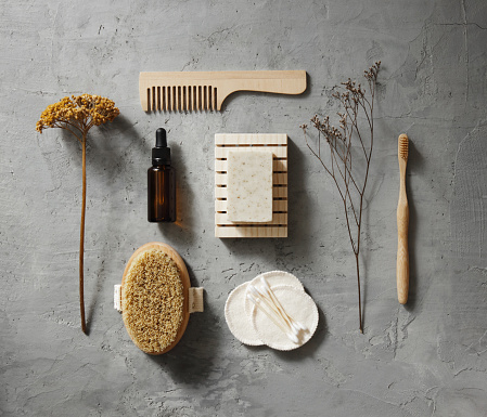 Eco friendly self-care kit: body brush, cotton pads and swabs, toothbrush, hair comb, soap and serum