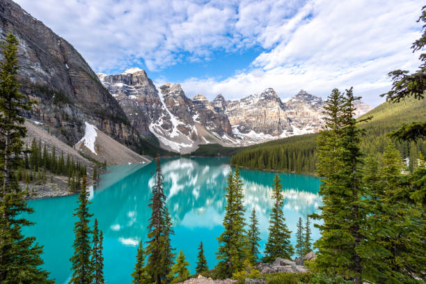 Moraine Lake at sunrise in June, Banff National Park, Canada Moraine Lake at sunrise in June, Banff National Park, Canada moraine lake photos stock pictures, royalty-free photos & images