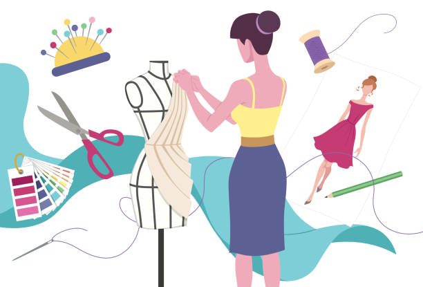 ilustraciones, imágenes clip art, dibujos animados e iconos de stock de industria de la moda - seam needle textile industry thread