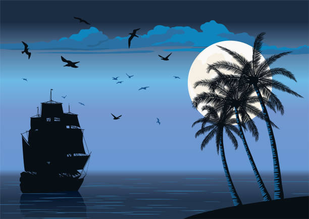 ilustrações, clipart, desenhos animados e ícones de majestic veleiro no mar - silhouette nautical vessel sea morning