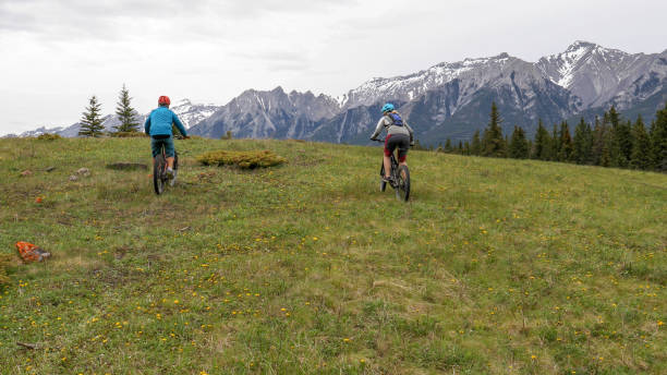 istock Couple on mountain e-bikes ride through rural landscape 1253128457