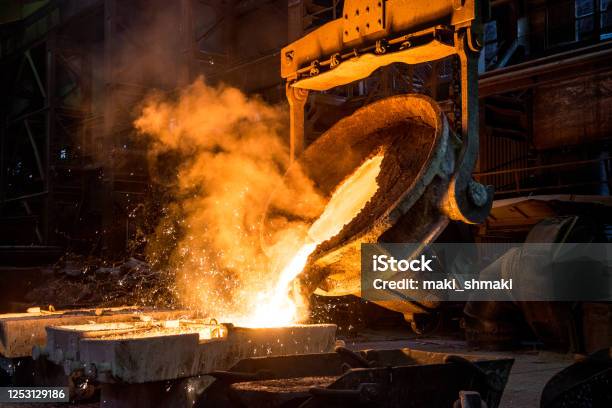 Tank Pours Liquid Metal In The Molds Stock Photo - Download Image Now - Foundry, Steelmaking, Steel Mill