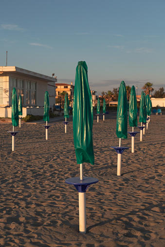 Closed green umbrellas on Fiumicino beach, Rome, Lazio, Italy.