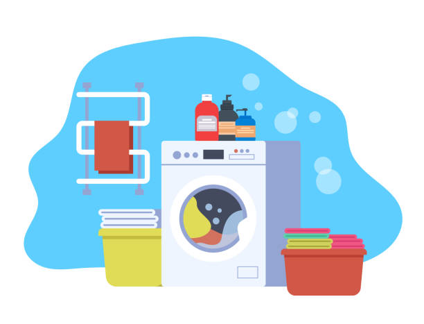 pranie ubrań pralniczych izolowane koncepcji. wektor płaska kreskówka ilustracja graficzna - washing machine stock illustrations
