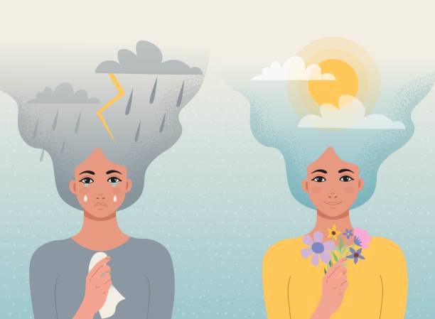 개념 좋은 나쁜 분위기. 한 소녀는 구름, 번개, 머리에 비가 내리고 손에 손수건을 들고 울고, 또 다른 소녀는 머리카락과 꽃에 구름과 태양으로 미소짓고 있습니다. 벡터 - rain sun sunlight cloud stock illustrations