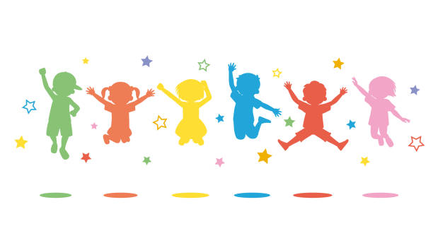 dzieci skaczące - child pre adolescent child little girls white background stock illustrations