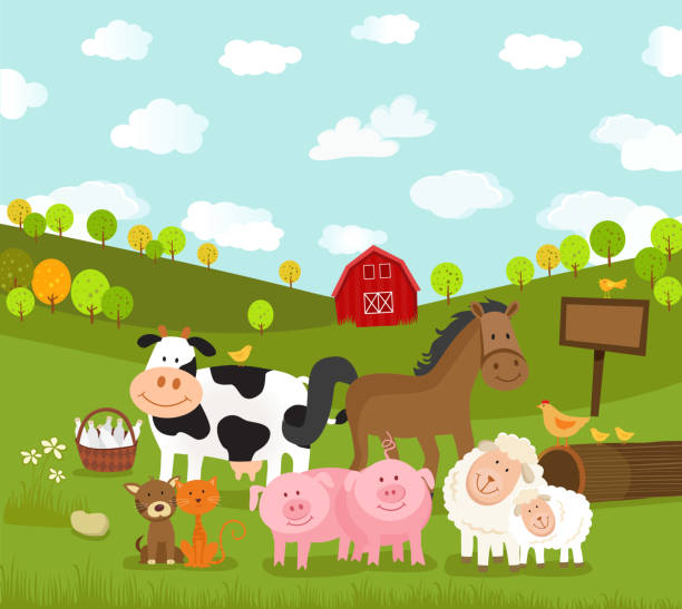 glückliche nutztiere vektoren illustration - animal farm cartoon livestock stock-grafiken, -clipart, -cartoons und -symbole