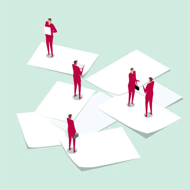 Vector illustration of A group of businessmen stood on scattered papers,two of them were talking and the other two were reading.