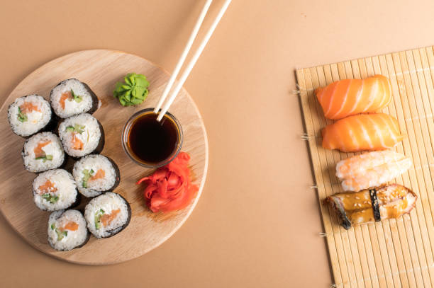 istock Composition with delicious nigiri sushi and rolls 1253135369