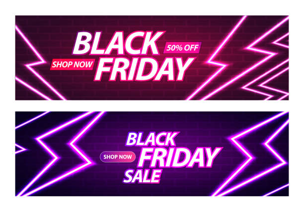 Black Friday Sale Banner. Glowing Neon Thunderbolts on Brick Wall Background. Vector Advertising Illustration Black Friday Sale Banner. Glowing Neon Thunderbolts on Brick Wall Background. Vector Advertising Illustration. monday night stock illustrations