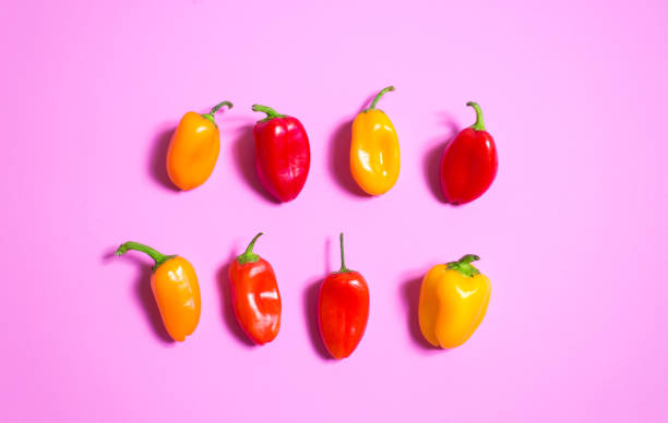 istock Colorful Sweet Peppers Lined Up on Pink Background 1253138058