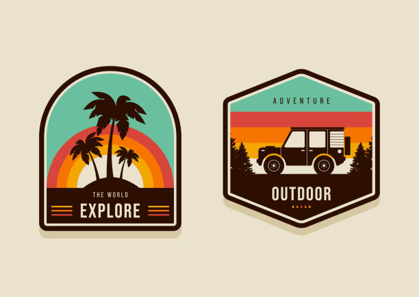 set lencana perjalanan musim panas dan jelajahi konsep dunia gaya retro vintage modern - holiday badges ilustrasi stok