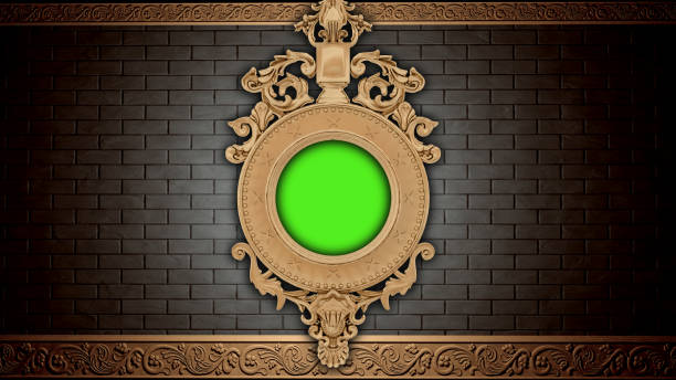istock Golden vintage frame on brick wall. Design retro element. Green screen 1253138416