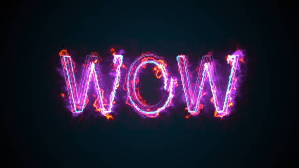 The phrase Wow, computer generated. Burning inscription. Capital letters. 3d rendering text background