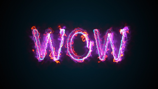The phrase Wow, computer generated. Burning inscription. Capital letters. 3d rendering text backdrop