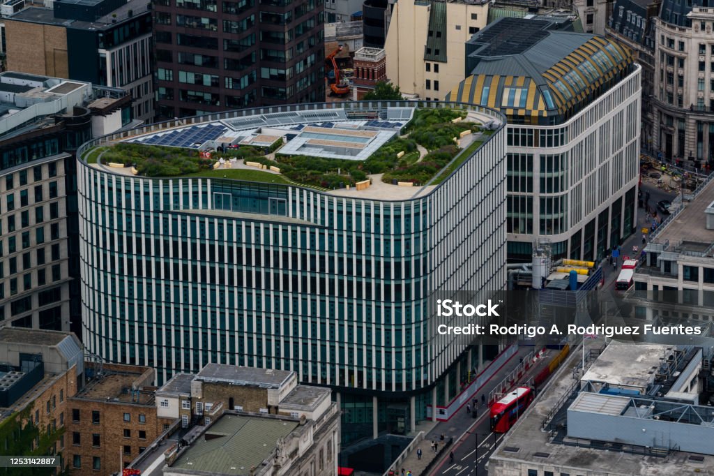 View of London Centre Wells Fargo Bank building on King William Street with rooftop garden Building Terrace Stock Photo