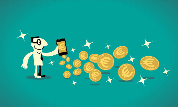 ilustrações de stock, clip art, desenhos animados e ícones de mobile cash: send and request money (european union currency, euro sign coin) fast. businessman getting a lot of gold coins out of his smart phone (mobile phone) - coin euro symbol european union currency gold