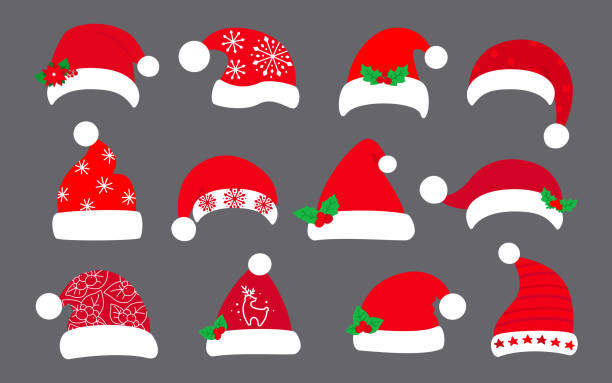 stockillustraties, clipart, cartoons en iconen met kerstmis santa clause hoed cartoon platte set vector - kerstmuts